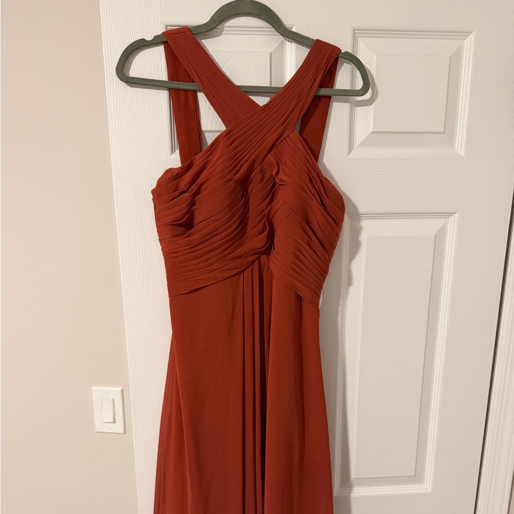 Azazie Rust Red Pleated Cross-Back Gown